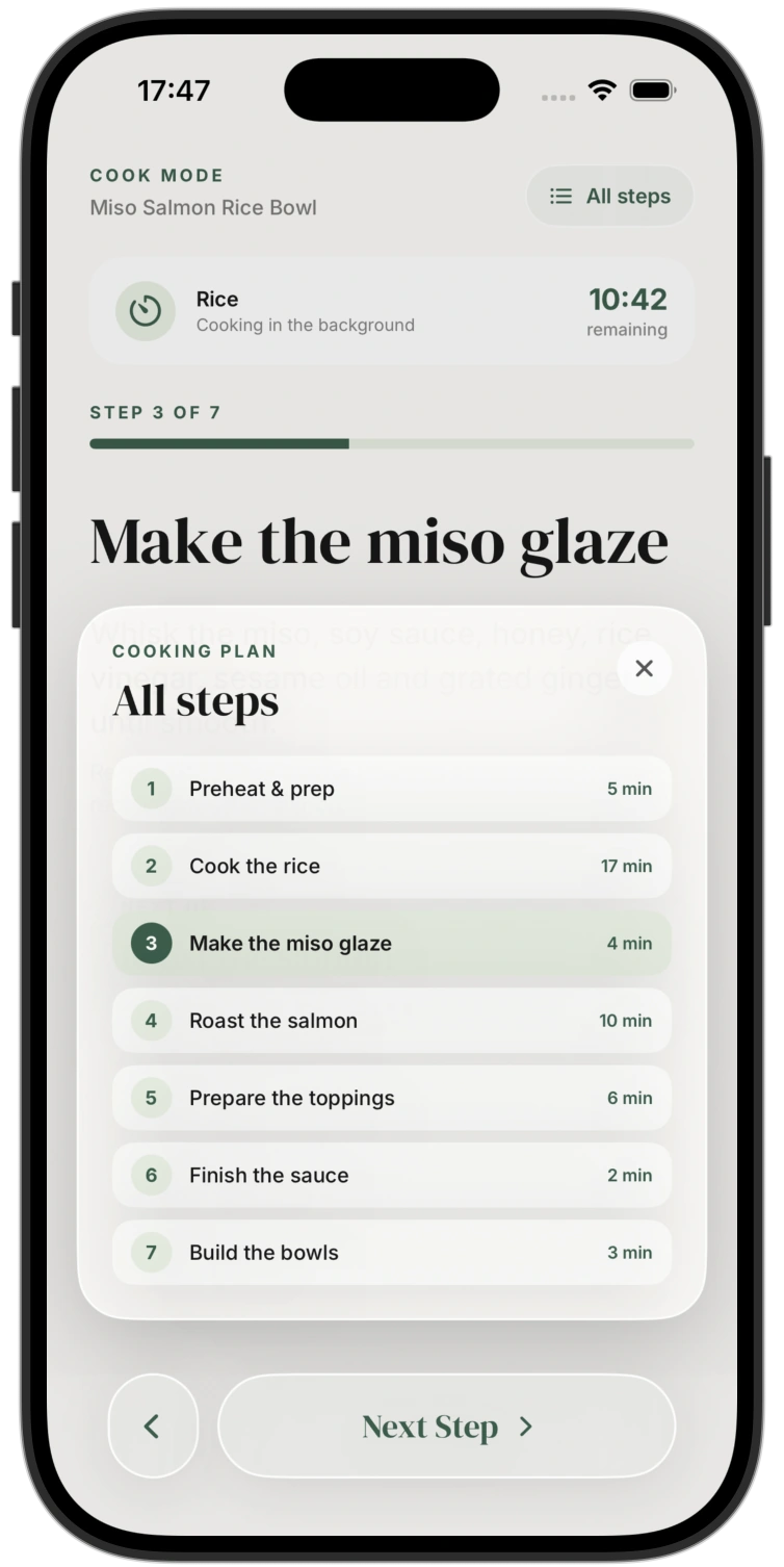 All steps overview highlighting the current cooking step