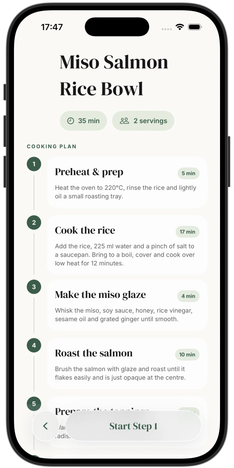 The salmon bowl cooking plan showing recipe steps and timings