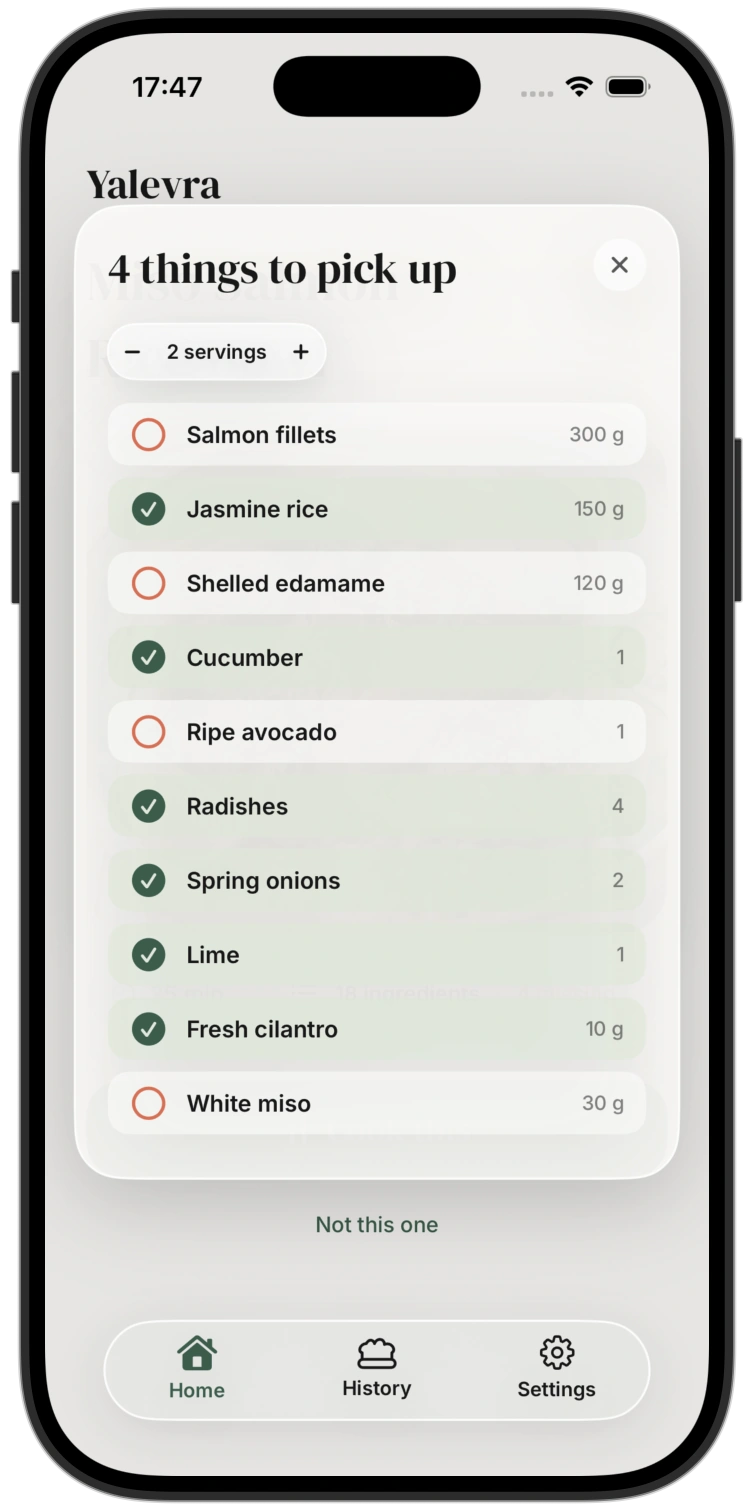 Ingredient checklist showing four things to pick up for the salmon bowl