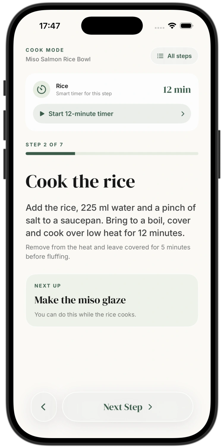 Cook the rice step with a button to start a 12-minute timer